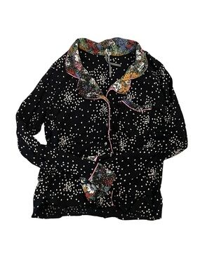 Anthropology Black Printed Pajama-Style Jacket with Floral Trim